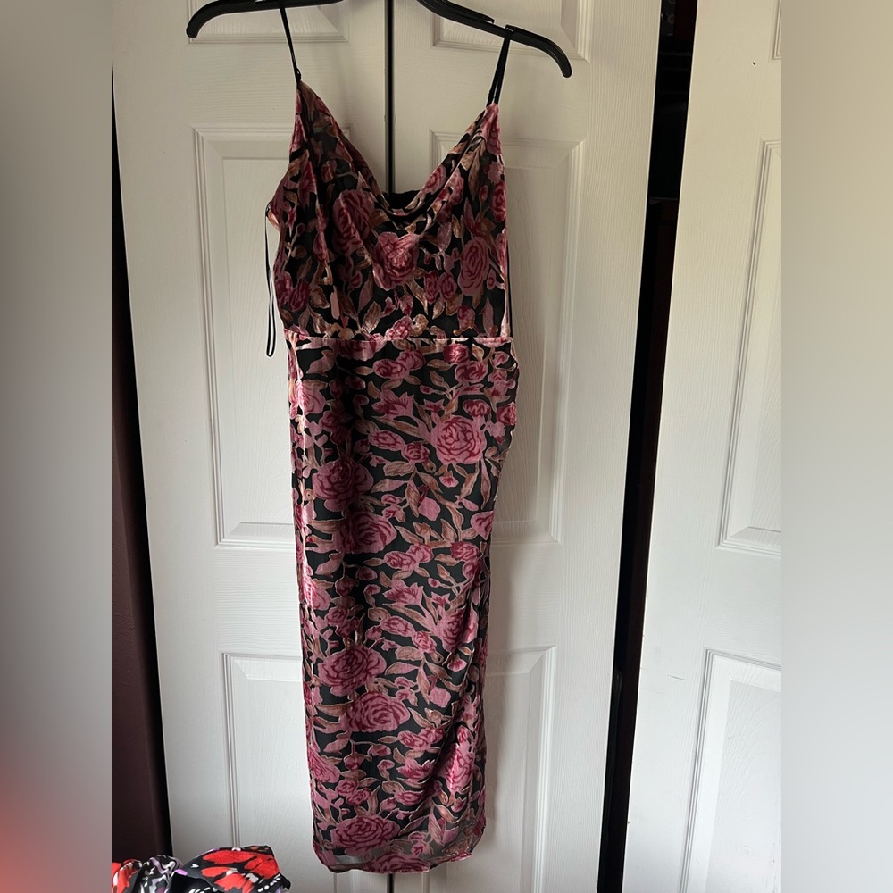 Adelyn Rae Black Slip Maxi Dress with Pink Floral Print